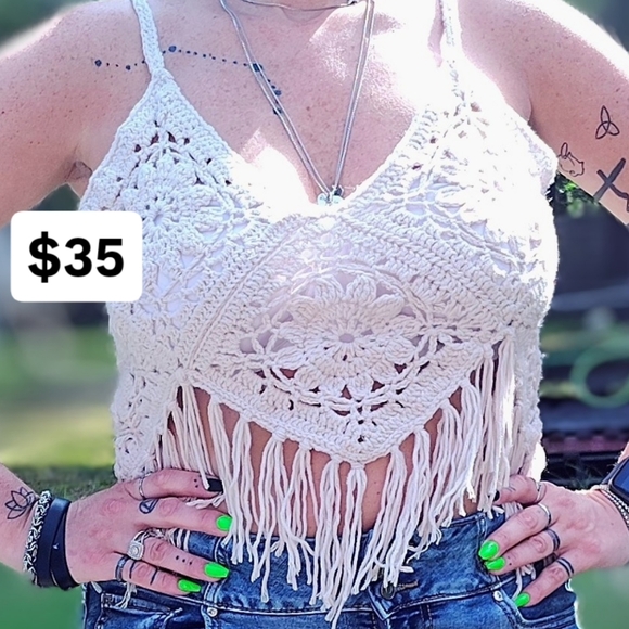 Tops - Crochet Fringe Cream Top
